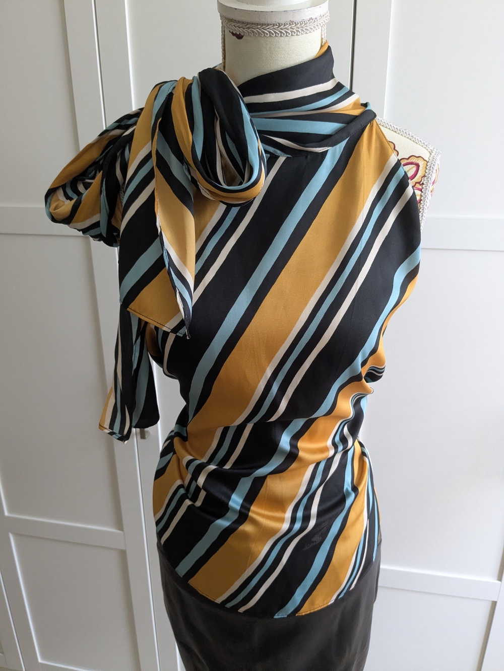 Zara Woman Striped Halter Top in Mustard, Black & Light Blue With Tie Bow